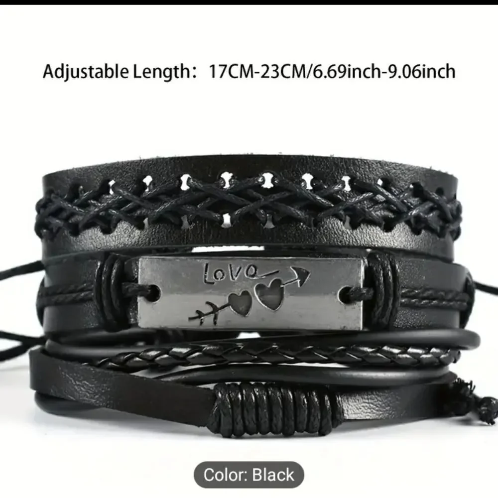 Men's‎ leather bracelets set layered braided black new d13